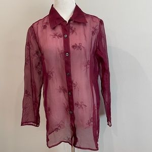 J. Jill 100% Silk Button Down long sleeve top Shirt sheer floral embroidery Sz S